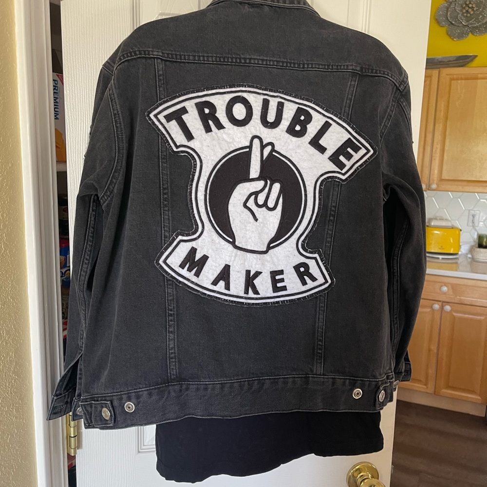 Topshop Troublemaker Black Denim Jacket Oversized Size 6